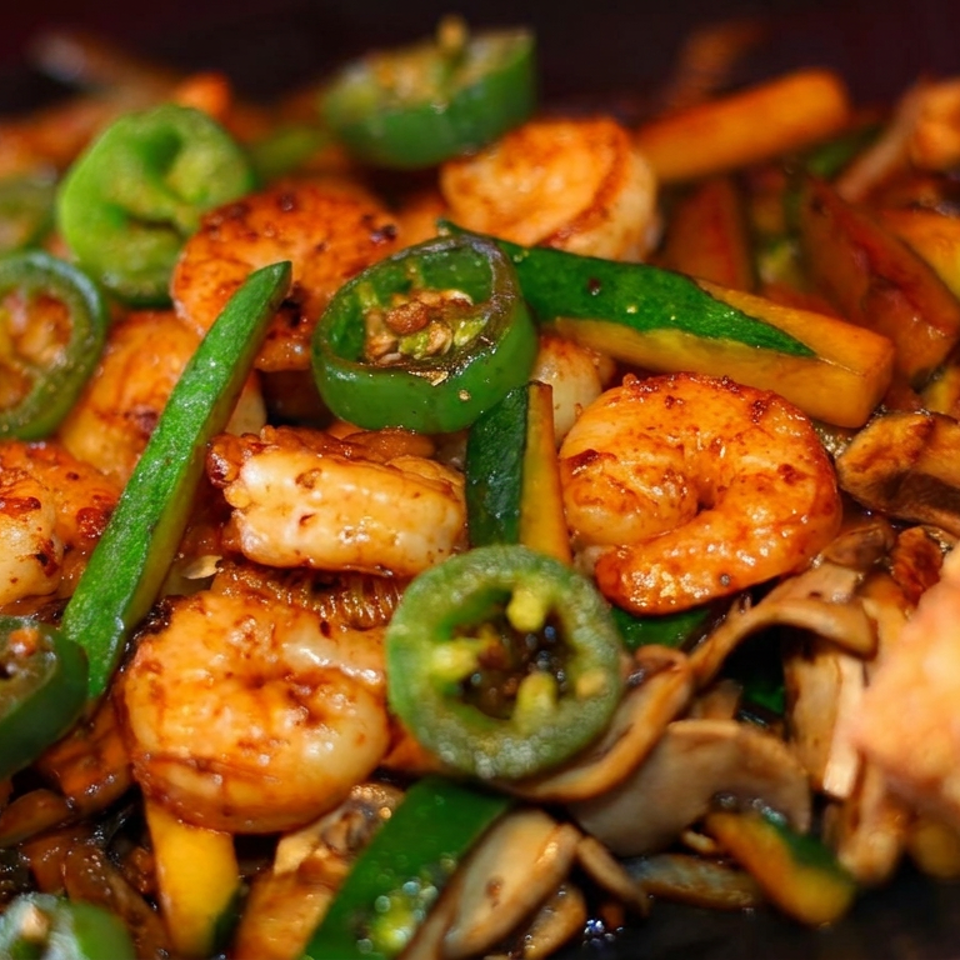 Close-up of spicy sautéed shrimp and vegetables topped with sliced jalapeños, served alongside a golden spring roll.