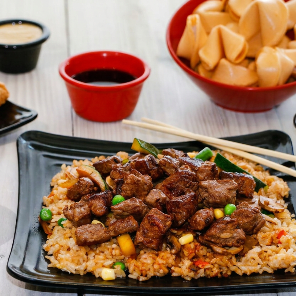 Asian-style fried rice topped with glazed beef, accompanied by spring rolls, dumplings, chopsticks, and dipping sauces.