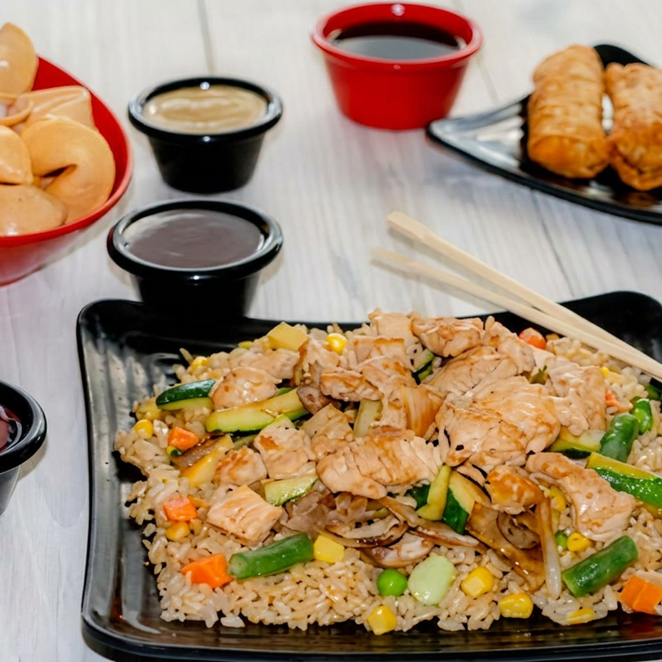 Chicken fried rice with mixed vegetables, chopsticks, dipping sauces, fortune cookies, and spring rolls on a table.