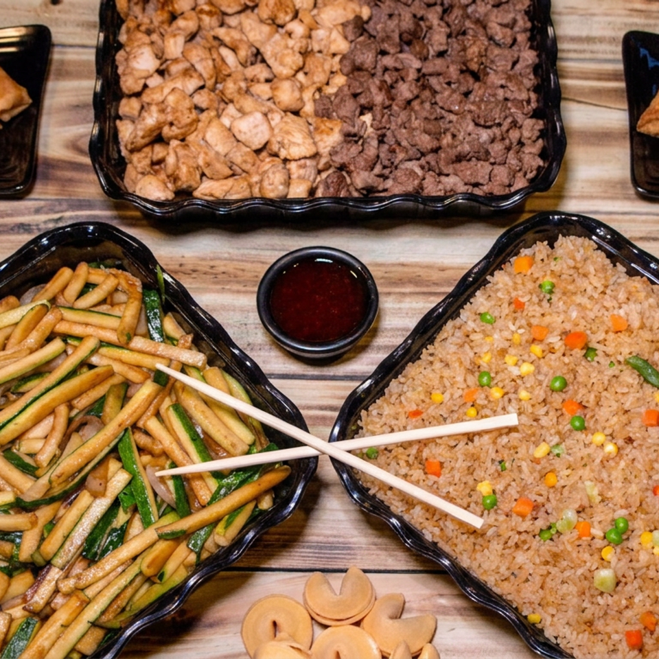 Chinese takeout spread featuring fried rice with vegetables, stir-fried noodles and zucchini, spring rolls, meat, dipping sauces, and chopsticks.