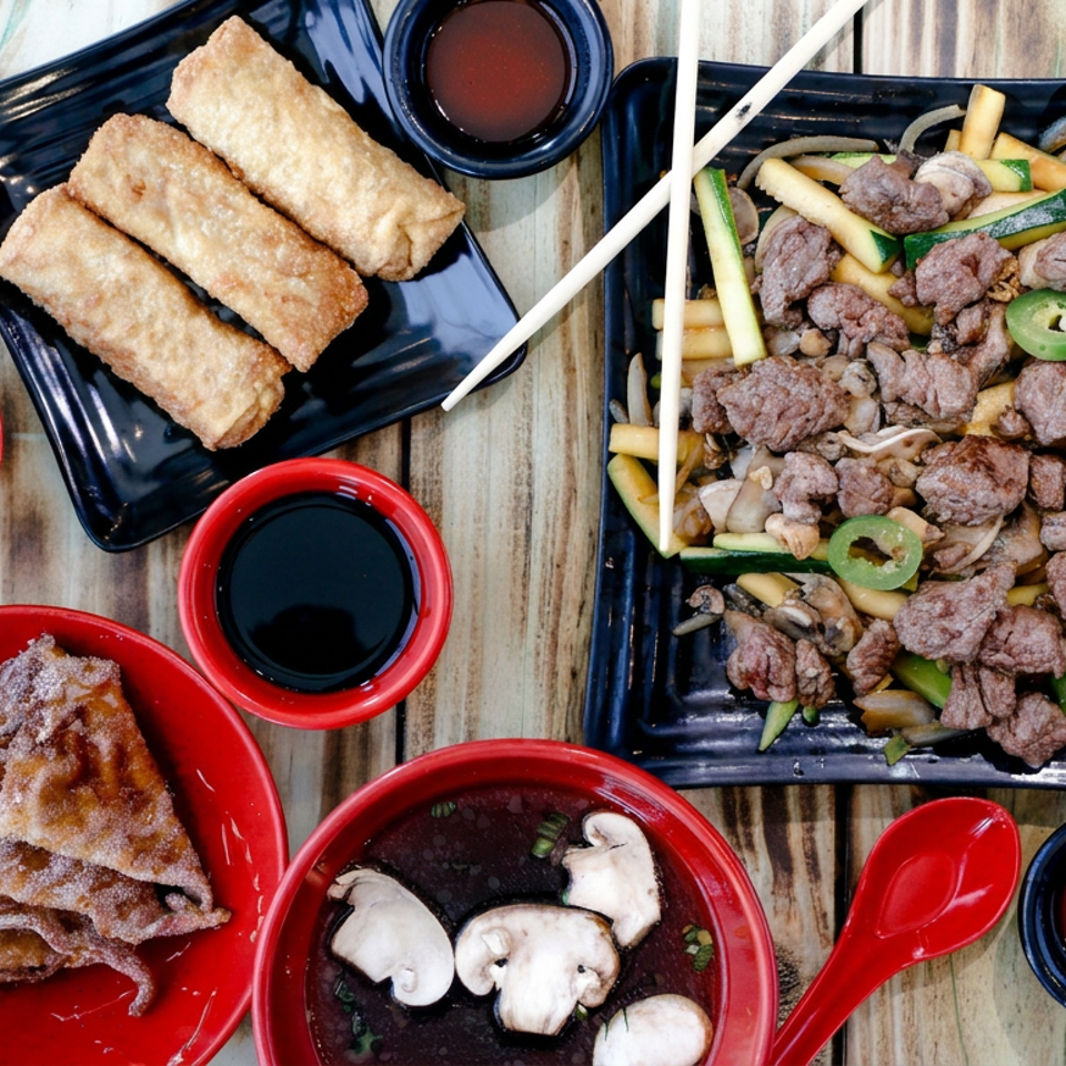 Overhead view of an Asian restaurant spread with spring rolls, fried dumplings, beef and vegetable stir-fry, dipping sauces, and mushroom soup.