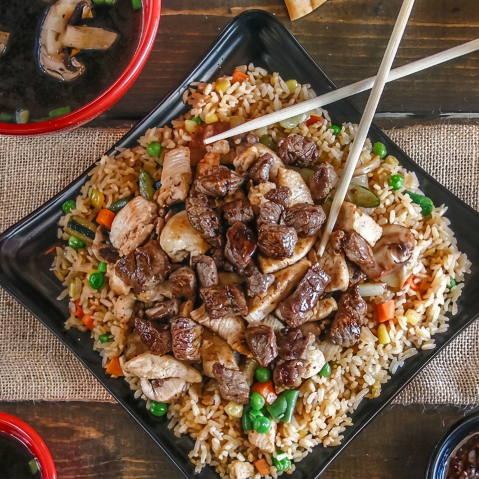 Overhead view of fried rice with chicken, beef, mushrooms, and vegetables, surrounded by spring rolls, soup, sauces, and chopsticks.