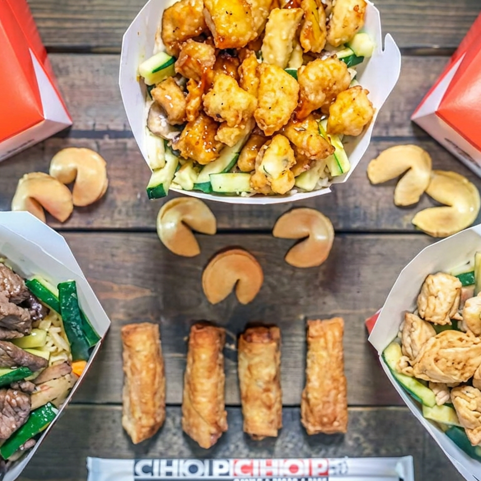 Three takeout boxes hold crispy chicken, beef with vegetables, and tofu with vegetables, surrounded by fortune cookies, spring rolls, and sauces.