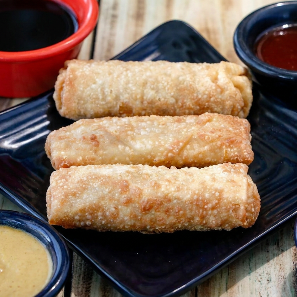 Three golden fried spring rolls on a dark plate, surrounded by small bowls of soy sauce, mustard, and dipping sauces.