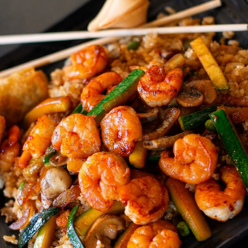 Shrimp fried rice with mushrooms and vegetables, served with crispy spring rolls on a black plate and chopsticks.