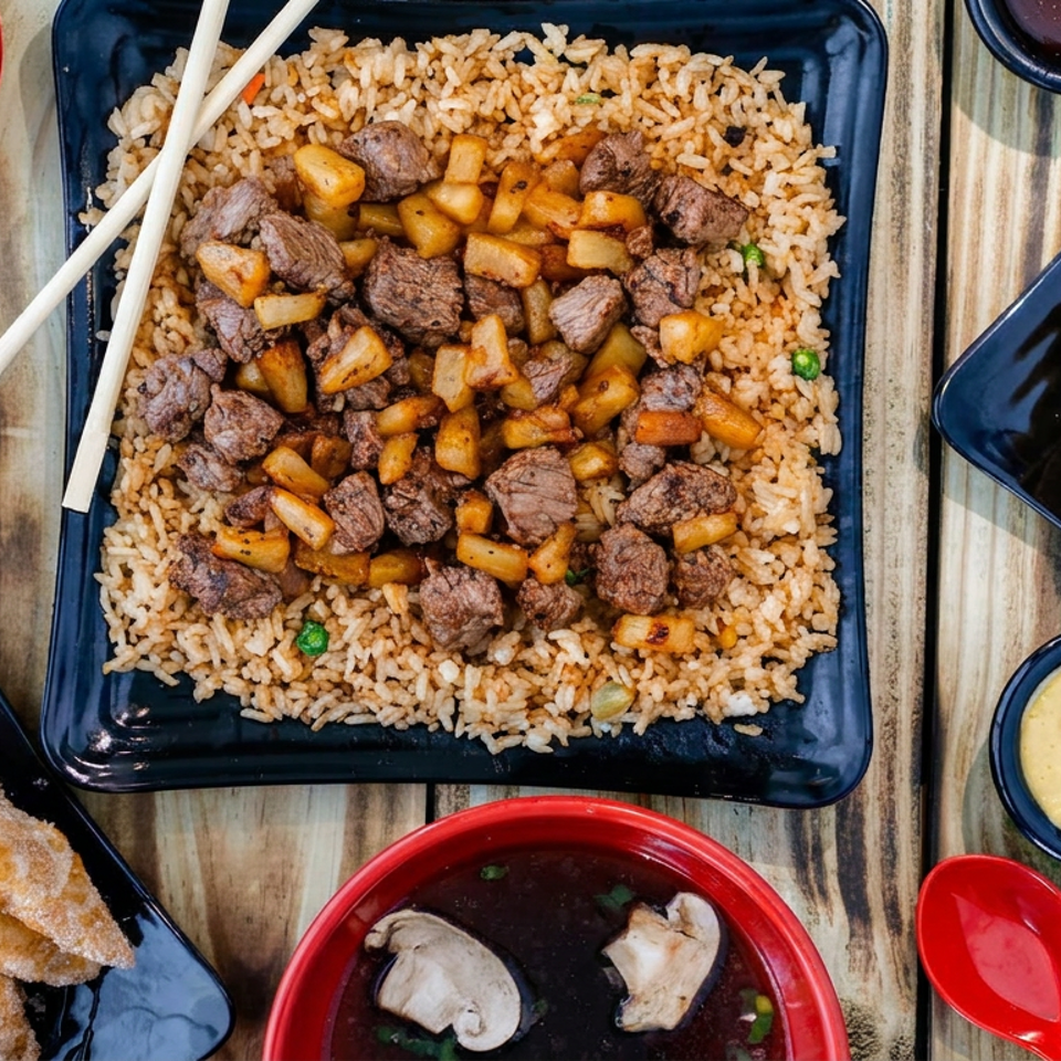Overhead spread of beef and potato fried rice, spring rolls, dumplings, sauces, chopsticks, and soup on a wooden table.