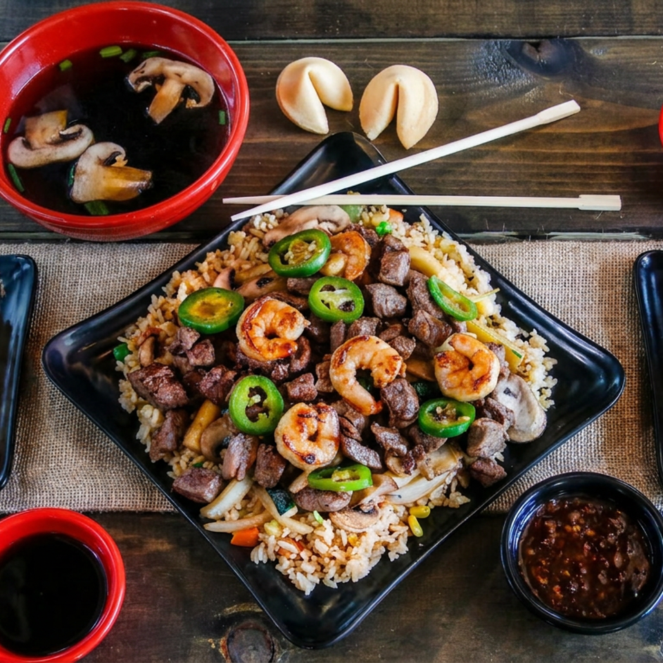 Asian-inspired feast with fried rice topped with shrimp, beef, mushrooms, and jalapeños, surrounded by spring rolls, soup, dumplings, and sauces.
