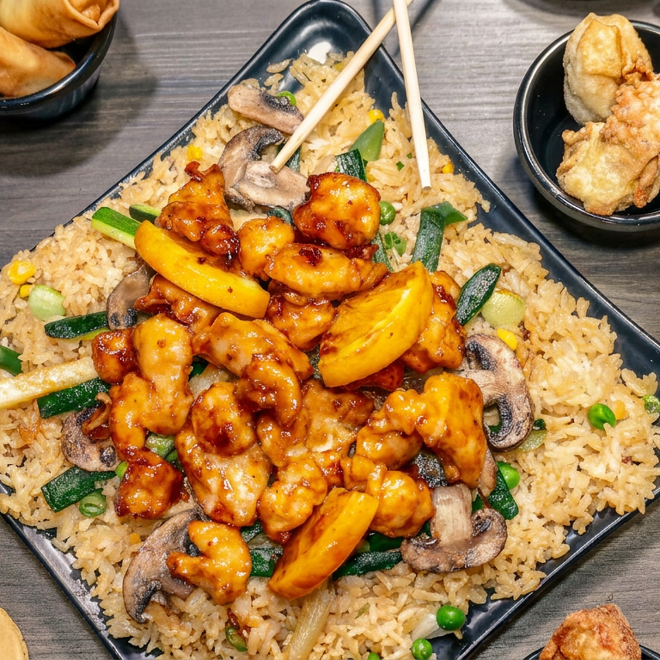 Glazed orange chicken and vegetables served over mushroom fried rice, surrounded by egg rolls, fried appetizers, soup, and salad.