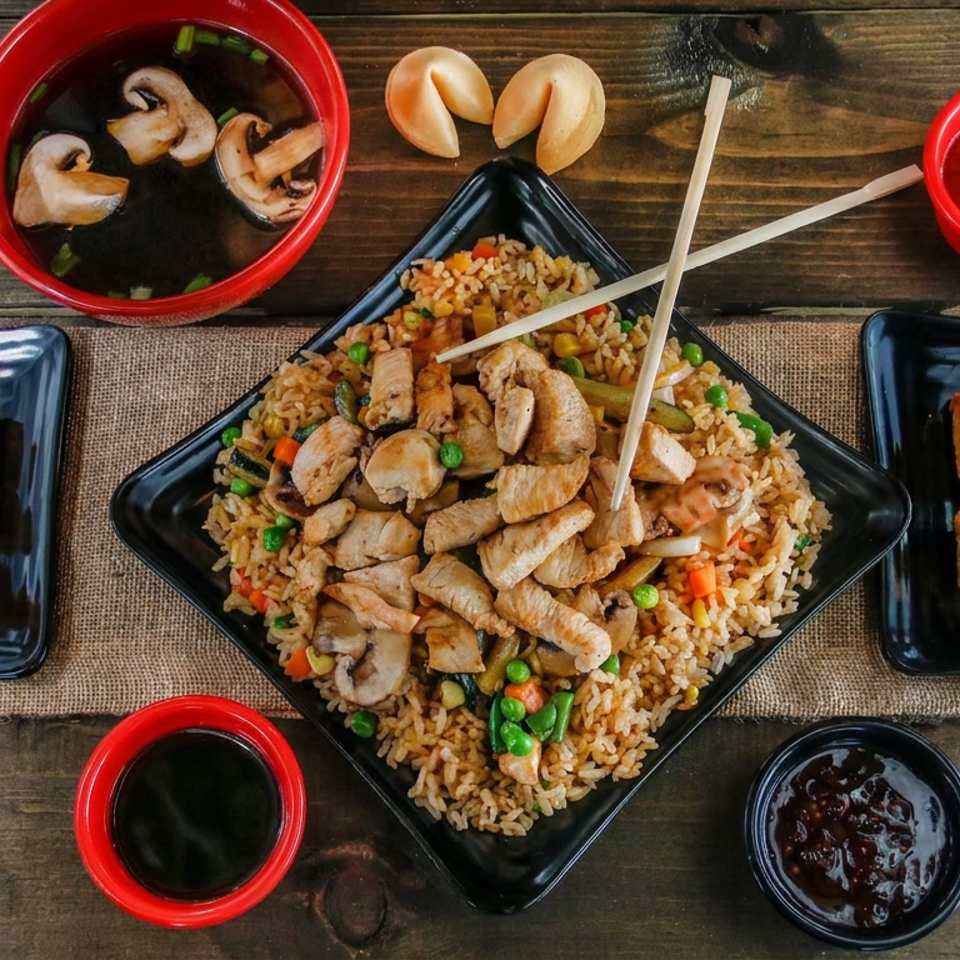 Overhead spread of chicken fried rice with vegetables, spring rolls, egg rolls, mushroom soup, fortune cookies, and dipping sauces.